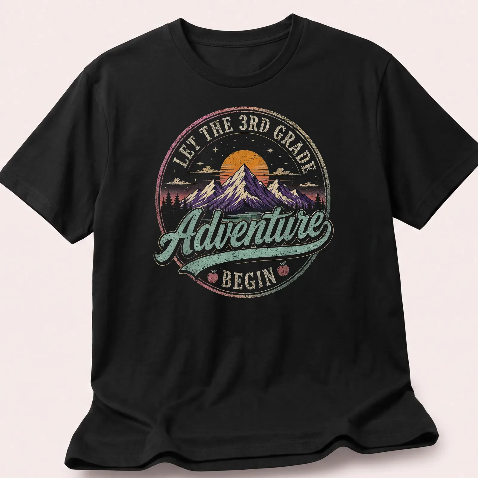 Colorful vintage retro design with mountains and text about adventures in 3rd grade — printed on a unisex t-shirt
