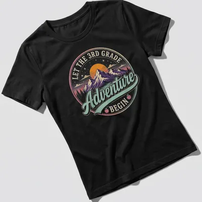 Colorful vintage retro design with mountains and text about adventures in 3rd grade — printed on a women's shirt