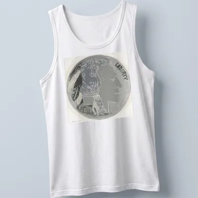 Andy Warhol's design of an Indian Head Nickel with Liberty 1913 text in black and silver — printed on a tank top