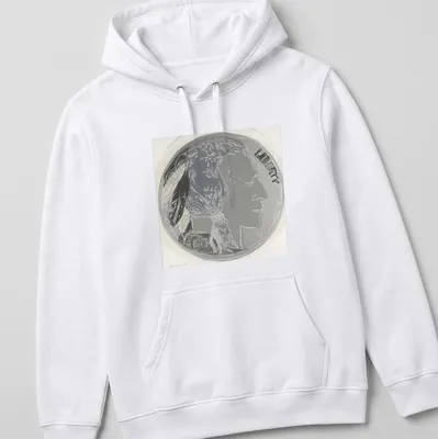 Andy Warhol's design of an Indian Head Nickel with Liberty 1913 text in black and silver — printed on a unisex hoodie