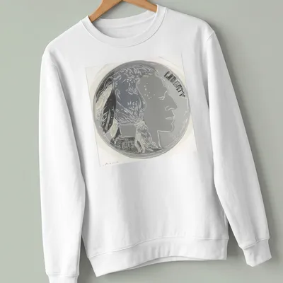 Andy Warhol's design of an Indian Head Nickel with Liberty 1913 text in black and silver — printed on a unisex sweatshirt