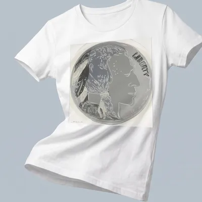 Andy Warhol's design of an Indian Head Nickel with Liberty 1913 text in black and silver — printed on a women's shirt