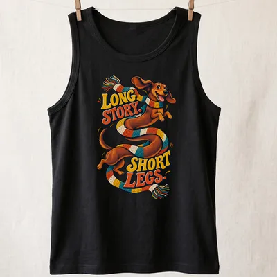 Colorful cartoon Dachshund with text 'LONG STORY. SHORT LEGS.' — printed on a tank top