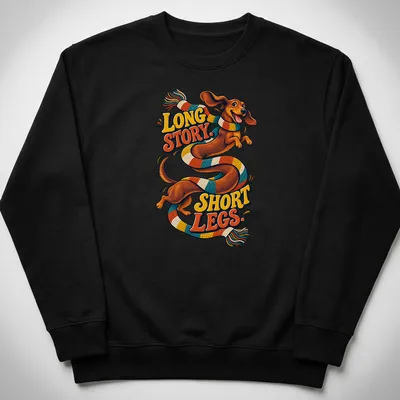 Colorful cartoon Dachshund with text 'LONG STORY. SHORT LEGS.' — printed on a unisex sweatshirt