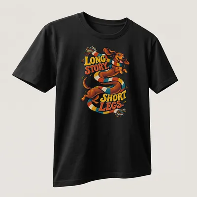 Colorful cartoon Dachshund with text 'LONG STORY. SHORT LEGS.' — printed on a unisex t-shirt (angled view)