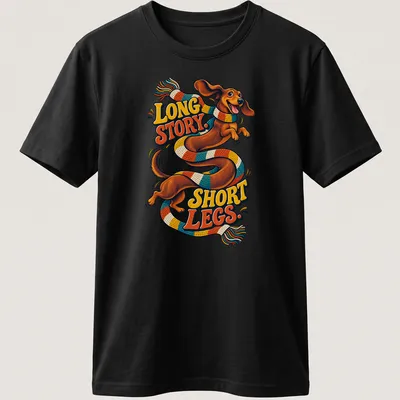 Colorful cartoon Dachshund with text 'LONG STORY. SHORT LEGS.'