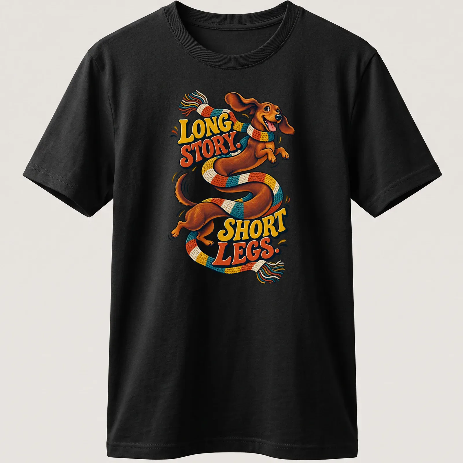 Colorful cartoon Dachshund with text 'LONG STORY. SHORT LEGS.' — printed on a unisex t-shirt