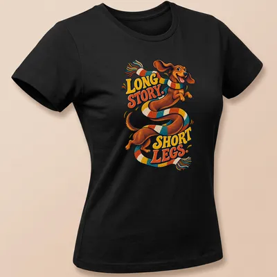 Colorful cartoon Dachshund with text 'LONG STORY. SHORT LEGS.' — printed on a women's shirt