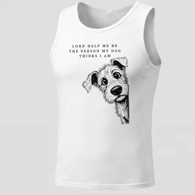 Illustrative line-art T-shirt featuring a dog and an uplifting phrase about self-perception. — printed on a tank top
