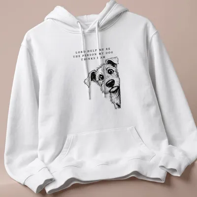 Illustrative line-art T-shirt featuring a dog and an uplifting phrase about self-perception. — printed on a unisex hoodie