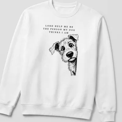 Illustrative line-art T-shirt featuring a dog and an uplifting phrase about self-perception. — printed on a unisex sweatshirt