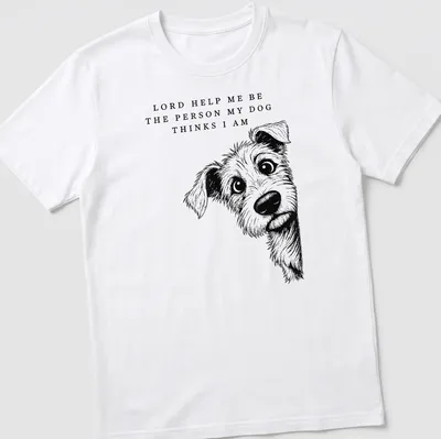 Illustrative line-art T-shirt featuring a dog and an uplifting phrase about self-perception.
