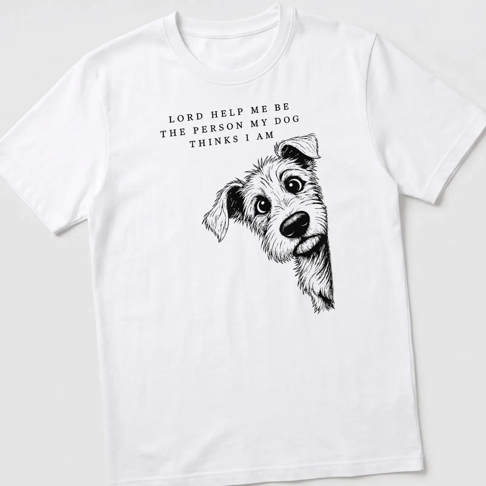 Illustrative line-art T-shirt featuring a dog and an uplifting phrase about self-perception. — printed on a unisex t-shirt