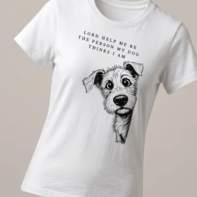 Illustrative line-art T-shirt featuring a dog and an uplifting phrase about self-perception. — printed on a women's shirt