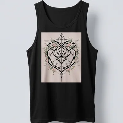 Modern geometric heart with flowers and the word Love printed in bright colors — printed on a tank top