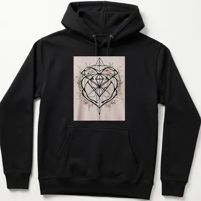 Modern geometric heart with flowers and the word Love printed in bright colors — printed on a unisex hoodie