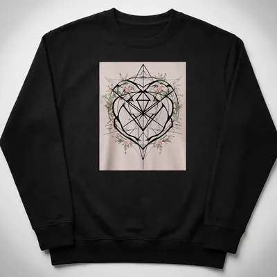 Modern geometric heart with flowers and the word Love printed in bright colors — printed on a unisex sweatshirt