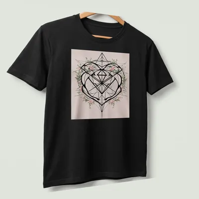 Modern geometric heart with flowers and the word Love printed in bright colors — printed on a unisex t-shirt (angled view)