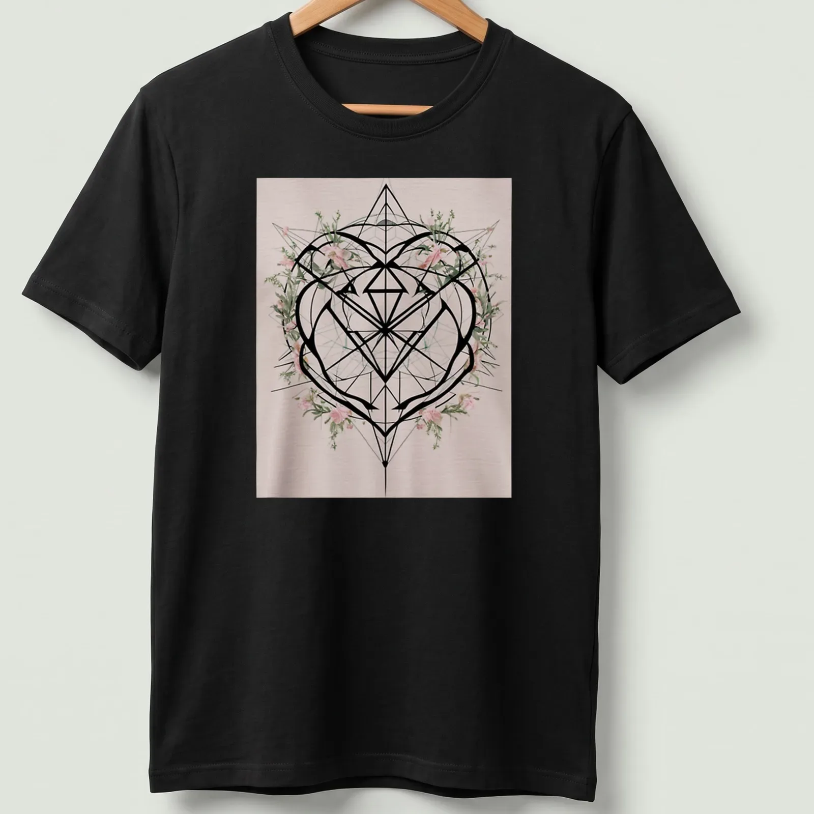 Modern geometric heart with flowers and the word Love printed in bright colors — printed on a unisex t-shirt