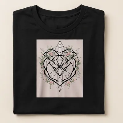 Modern geometric heart with flowers and the word Love printed in bright colors — printed on a women's shirt