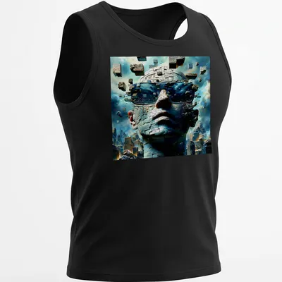 Surreal alien robot in futuristic sunglasses, styled in blue and gray — printed on a tank top
