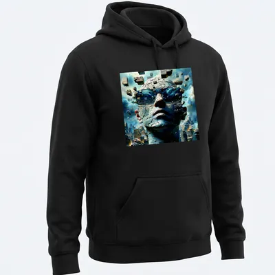 Surreal alien robot in futuristic sunglasses, styled in blue and gray — printed on a unisex hoodie