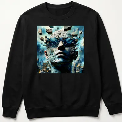 Surreal alien robot in futuristic sunglasses, styled in blue and gray — printed on a unisex sweatshirt