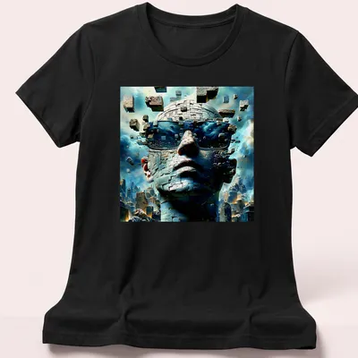 Surreal alien robot in futuristic sunglasses, styled in blue and gray — printed on a women's shirt
