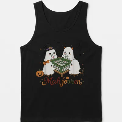 Kawaii illustration of cute ghosts playing Mahjong for Halloween — printed on a tank top
