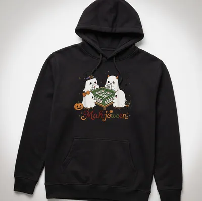 Kawaii illustration of cute ghosts playing Mahjong for Halloween — printed on a unisex hoodie