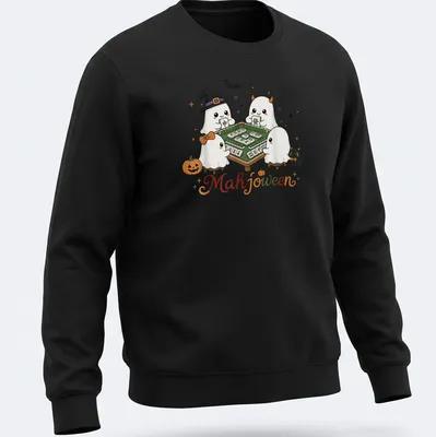 Kawaii illustration of cute ghosts playing Mahjong for Halloween — printed on a unisex sweatshirt
