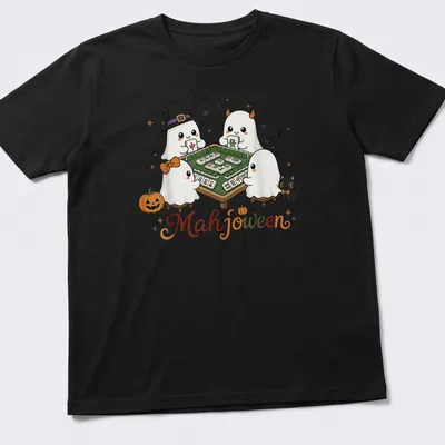 Kawaii illustration of cute ghosts playing Mahjong for Halloween
