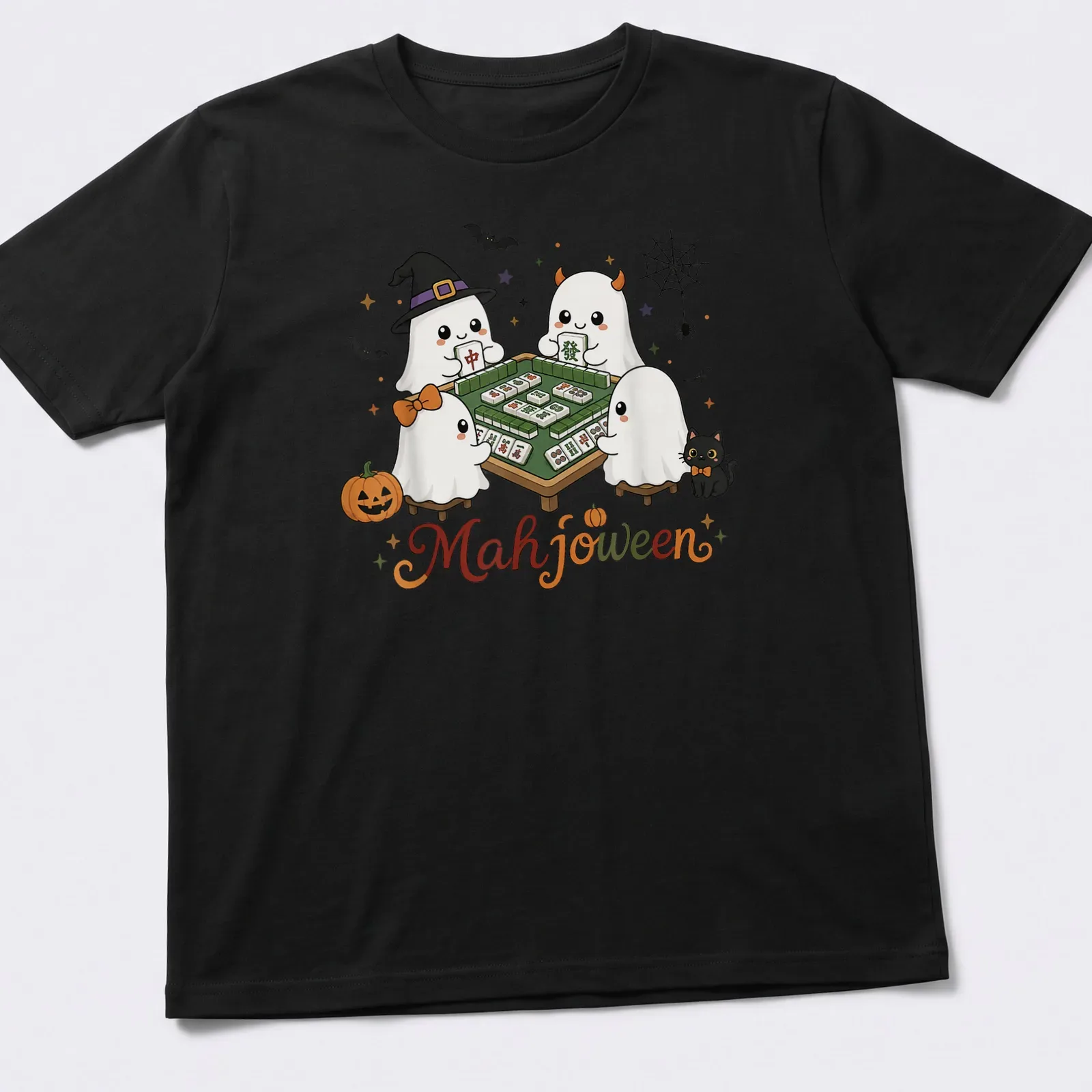 Kawaii illustration of cute ghosts playing Mahjong for Halloween — printed on a unisex t-shirt