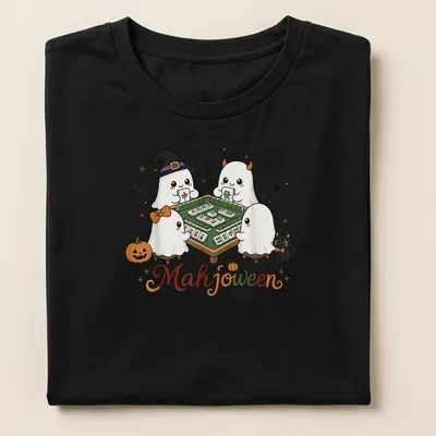 Kawaii illustration of cute ghosts playing Mahjong for Halloween — printed on a women's shirt