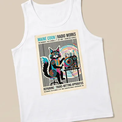 Maine Coon cat with retro radio equipment in a geometric style — printed on a tank top
