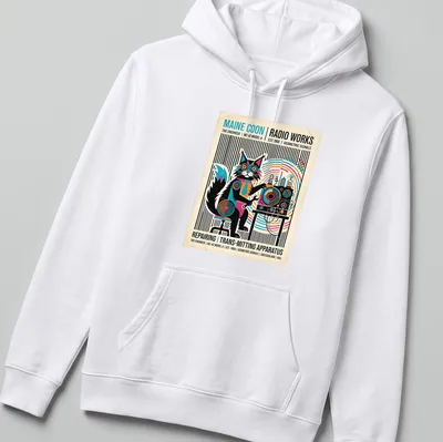 Maine Coon cat with retro radio equipment in a geometric style — printed on a unisex hoodie