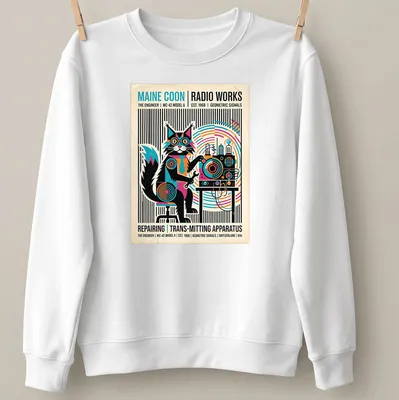 Maine Coon cat with retro radio equipment in a geometric style — printed on a unisex sweatshirt
