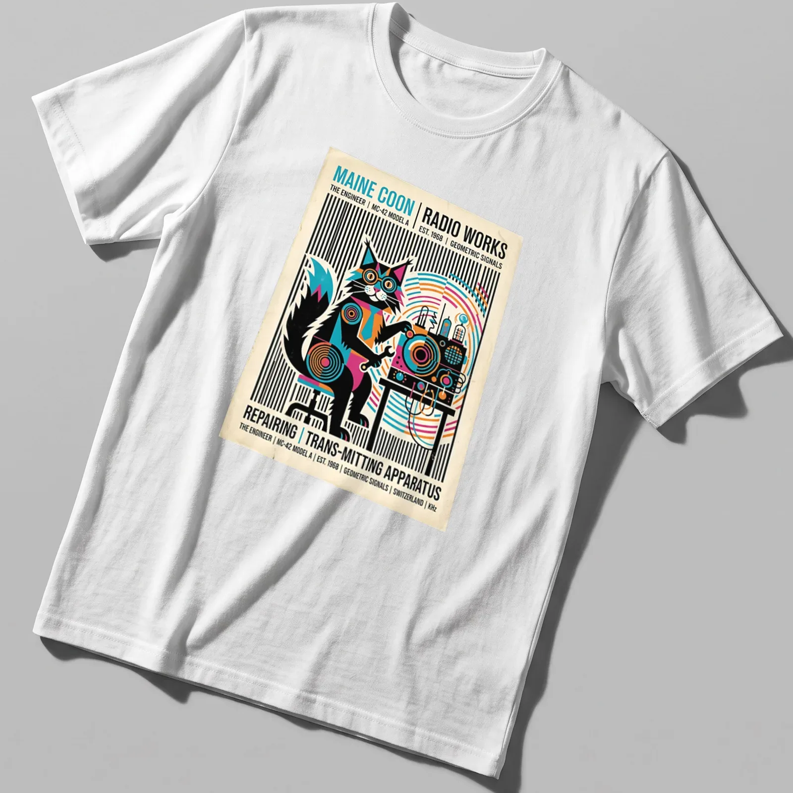 Maine Coon cat with retro radio equipment in a geometric style — printed on a unisex t-shirt