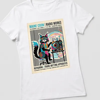 Maine Coon cat with retro radio equipment in a geometric style — printed on a women's shirt