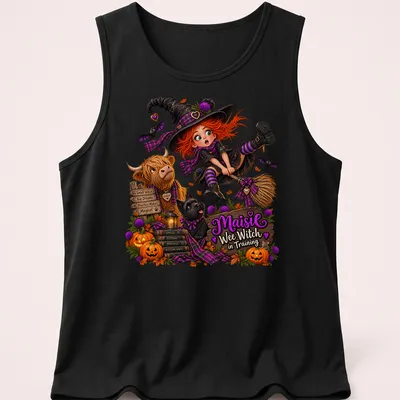 Cute Scottish witch illustration with text 'Maisie Wee Witch in Training' in orange and purple — printed on a tank top
