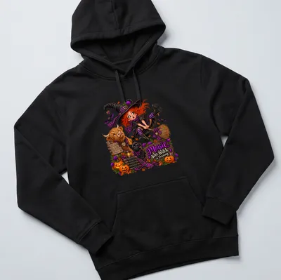 Cute Scottish witch illustration with text 'Maisie Wee Witch in Training' in orange and purple — printed on a unisex hoodie