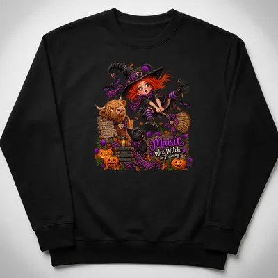 Cute Scottish witch illustration with text 'Maisie Wee Witch in Training' in orange and purple — printed on a unisex sweatshirt