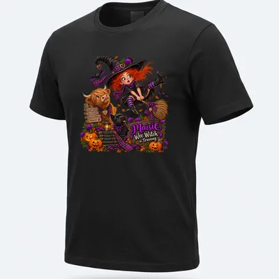 Cute Scottish witch illustration with text 'Maisie Wee Witch in Training' in orange and purple — printed on a unisex t-shirt
