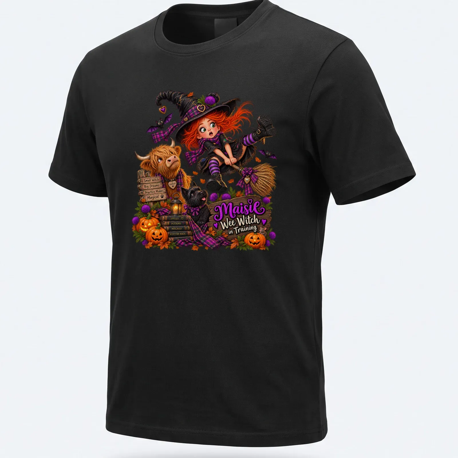 Cute Scottish witch illustration with text 'Maisie Wee Witch in Training' in orange and purple — printed on a unisex t-shirt
