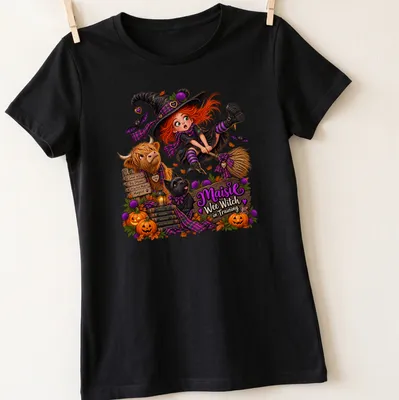 Cute Scottish witch illustration with text 'Maisie Wee Witch in Training' in orange and purple — printed on a women's shirt