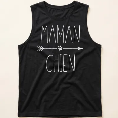 Minimalist Maman Chien T-shirt with clean white text for dog lovers — printed on a tank top