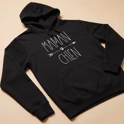 Minimalist Maman Chien T-shirt with clean white text for dog lovers — printed on a unisex hoodie