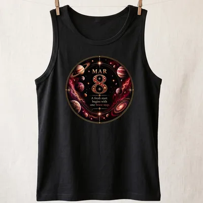 Cosmic-themed t-shirt with planets and galaxies surrounding inspirational text — printed on a tank top