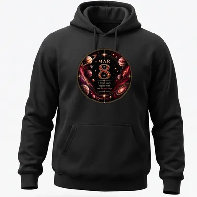 Cosmic-themed t-shirt with planets and galaxies surrounding inspirational text — printed on a unisex hoodie