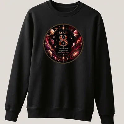 Cosmic-themed t-shirt with planets and galaxies surrounding inspirational text — printed on a unisex sweatshirt